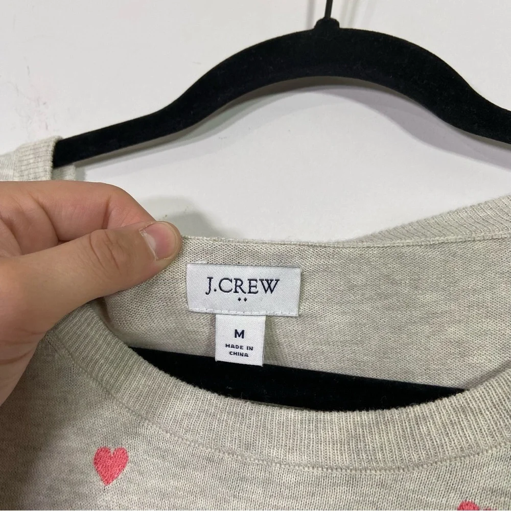 J. Crew Factory Gray Cotton Knit Pink Heart Short Sleeve Crewneck Tee Shirt